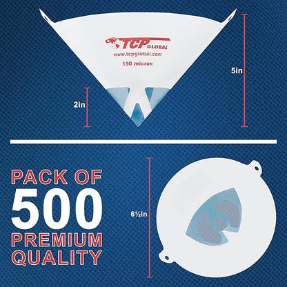 TCP Global 500 Pack of Paint Strainers with Fine 190 Micron Filter Tips - Premium "Pure Blue" Ultra-Flow Blue Nylon Mesh - Cone Paint Filter Screen
