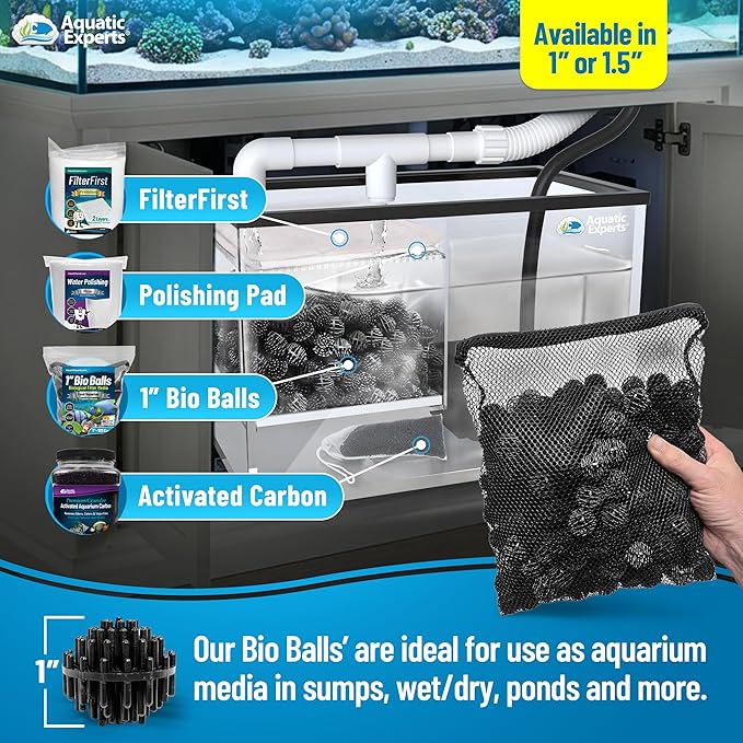 Aquatic Experts 1" Small Bio Balls for Aquariums & Small Ponds – Biological Filter Media for Canister Filters, Sumps & Wet/Dry Systems, Made in USA (1250 Count + Five 10" x 12" Mesh Bags)