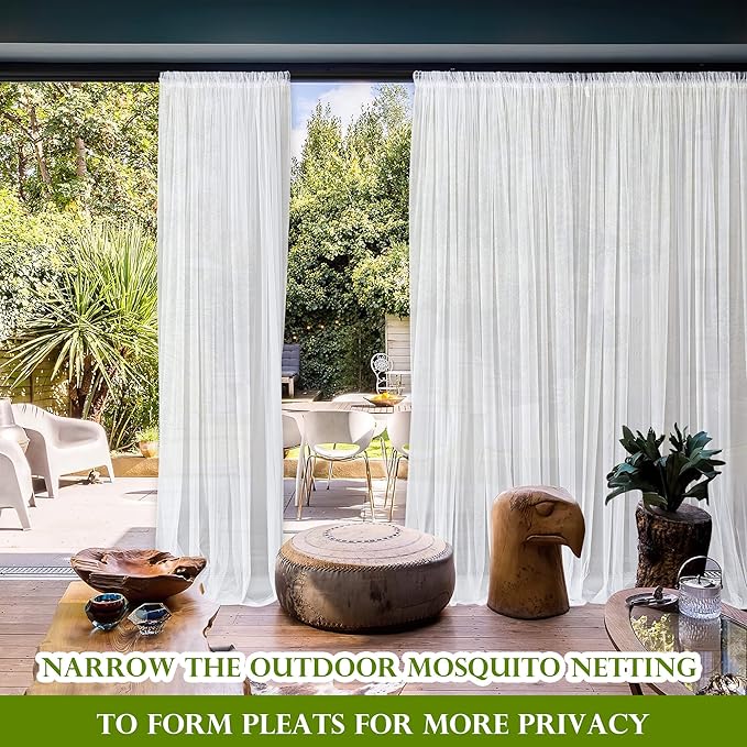 RYB HOME 2 Panels Garden Netting Size Adjustable Porch Screen Mesh Outdoor Curtains Lightweight Mosquito Curtains for Patio Gazebo Pool Hut Bug Netting, White, 118 inches Wide x 120 inches Long