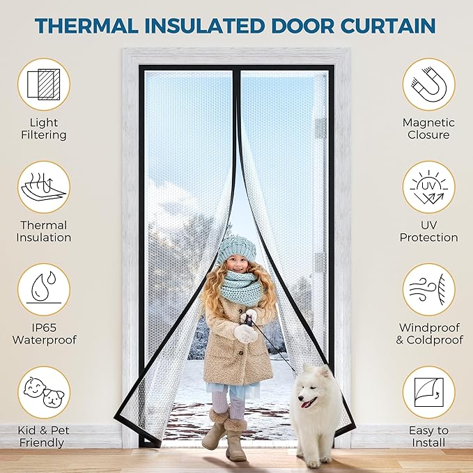 Magnetic Thermal Insulated Door Curtain - Fit Door Size 36x80 Inch Waterproof Bubble Wrap Door Cover Light Filtering Screen Door, Keep Warm in Winter Cool in Summer, Kid & Pet Friendly
