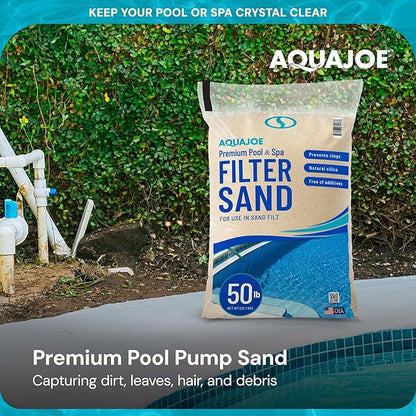 Aqua Joe Premium Pool and Spa Filter Sand, Natural Silica, 50 Lb Bag - Above Ground and Inground Swimming Pool System Accessory for Care, Cleaning, and Maintenance, FLTSAND50