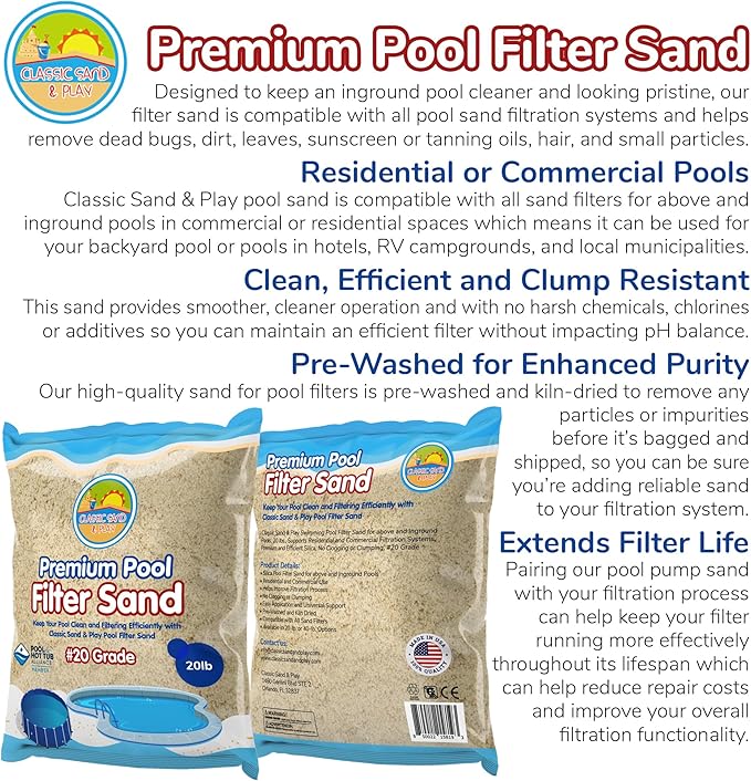 CLASSIC SAND & PLAY Swimming Pool Filter Sand for Above & Inground Pools, 20 lbs, Supports Residential and Commercial Filtration Systems, Premium Efficient Silica, No Clogging or Clumping, #20 Grade