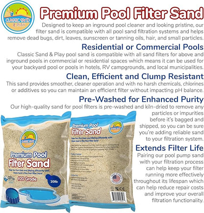 CLASSIC SAND & PLAY Swimming Pool Filter Sand for Above & Inground Pools, 20 lbs, Supports Residential and Commercial Filtration Systems, Premium Efficient Silica, No Clogging or Clumping, #20 Grade