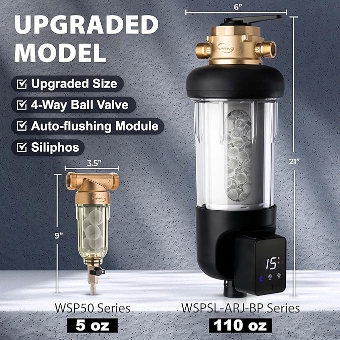 iSpring WSP100SL-ARJ-BP, NSF Certified, Whole House Spin Down Sediment Water Filter with 4 Modes Bypass, Include Siliphos Helps Prevent Scale, Clear Housing, Jumbo Size with Touch-Screen Auto Flushing