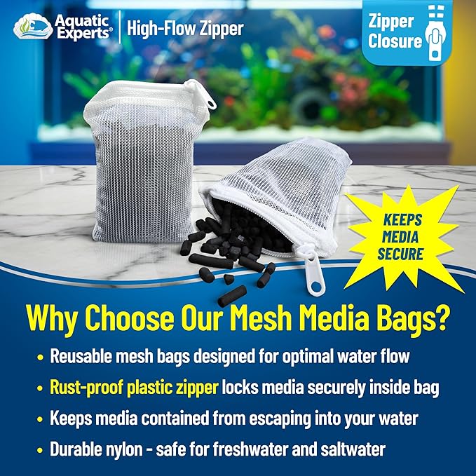Aquatic Experts High Flow Filter Media Bag - Durable Filter Bags for Fish Tank, Secure Aquarium Media Bag with Drawstring, Media Bags for Aquarium and Pond, High Flow (Zipper), 3” x 8” – 4 Pack