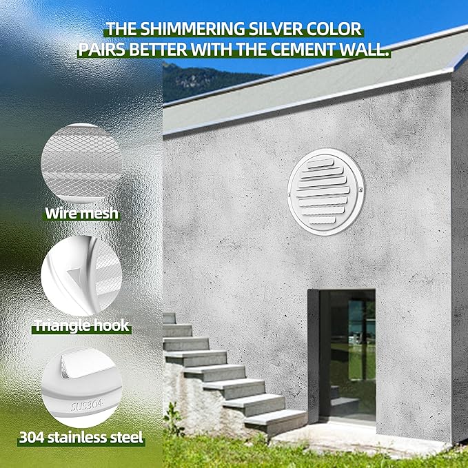 6'' Shiny Silver Paint Stainless Steel Air Vents, Louvered Grille Cover Vent Hood Flat Ducting Ventilation Air Vent Wall Air Outlet with Fly Screen Mesh for House (6 inch Shiny Silver Paint Cover)