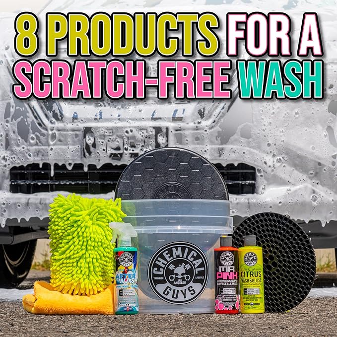 Chemical Guys Car Cleaning Kit, Complete Car Wash Kit with Soap, Wash Bucket, 3-16 oz Car Care Cleaners, Interior and Exterior Cleaning Essentials, 8 Item Detailing Set