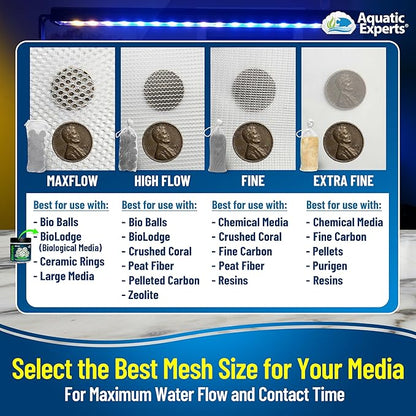 Aquatic Experts High Flow Filter Media Bag - Durable Filter Bags for Fish Tank, Secure Aquarium Media Bag with Drawstring, Media Bags for Aquarium and Pond, High Flow (White), 3” x 8” - 4 Pack