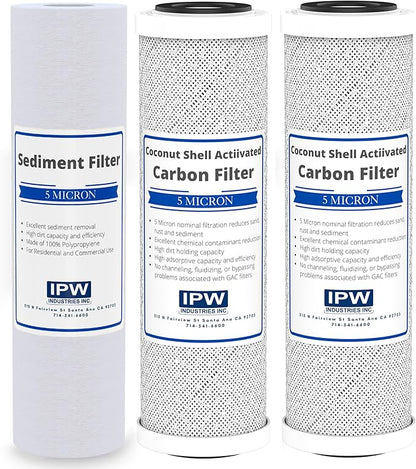 IPW Industries Inc. - Krystal Pure KR10 RO System Replacement Filter Set - 10"X 2.5" 5 Micron Carbon Block, Polypropylene, and Sediment Filters Included - 3 Pack