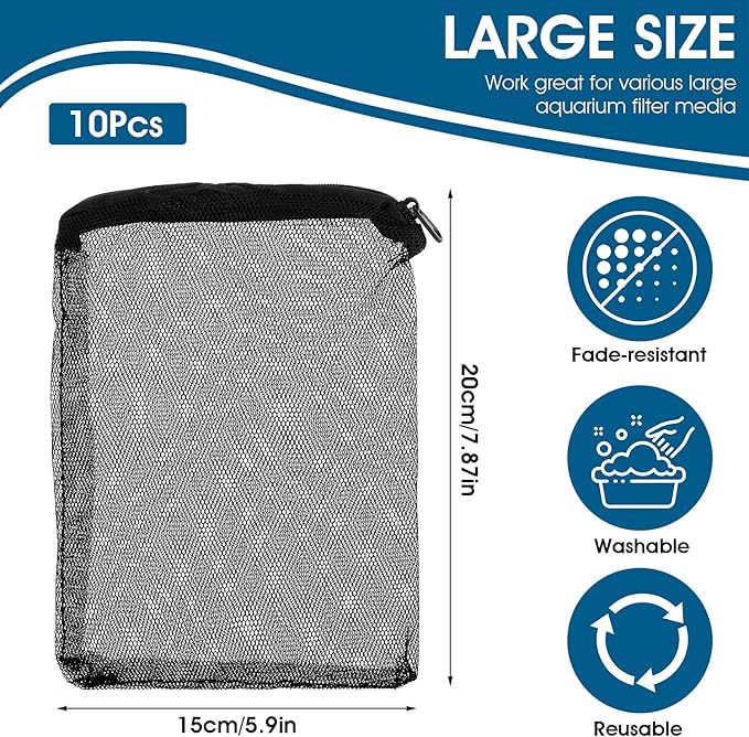 10Pcs Media Bags for Aquarium Fine Mesh Bag Aquarium Filter Media Bags with Plastic Zipper Suitable for Activated Carbon, Filter Stones, Ceramic Rings（Black）