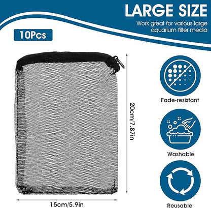 10Pcs Media Bags for Aquarium Fine Mesh Bag Aquarium Filter Media Bags with Plastic Zipper Suitable for Activated Carbon, Filter Stones, Ceramic Rings（Black）