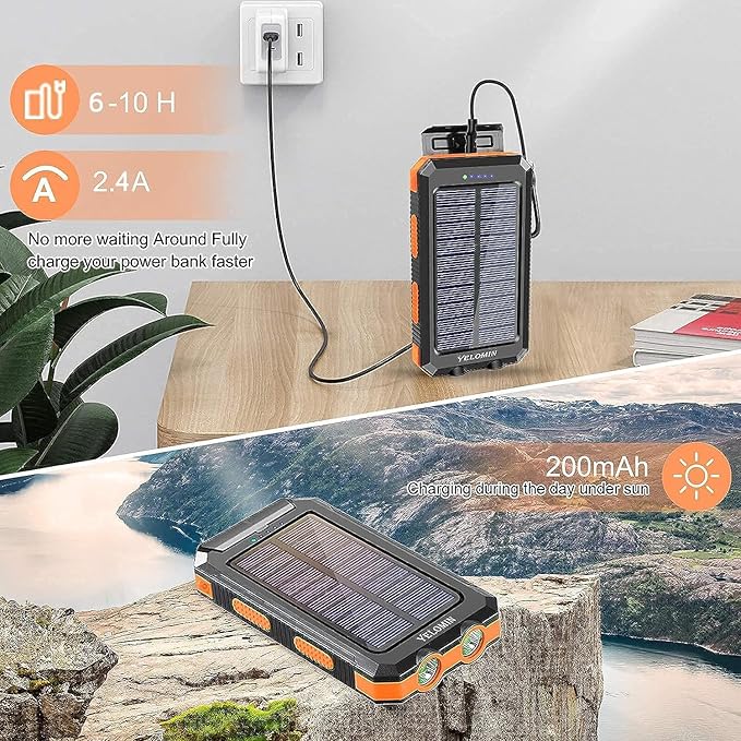 YELOMIN Solar Charger, 20000mAh Portable Type-C Solar Power Bank with 4 Cables, Waterproof Battery Pack, Outdoor External Backup Power Charger Six Outputs/LED Flashlights, Perfect for Camping Travel