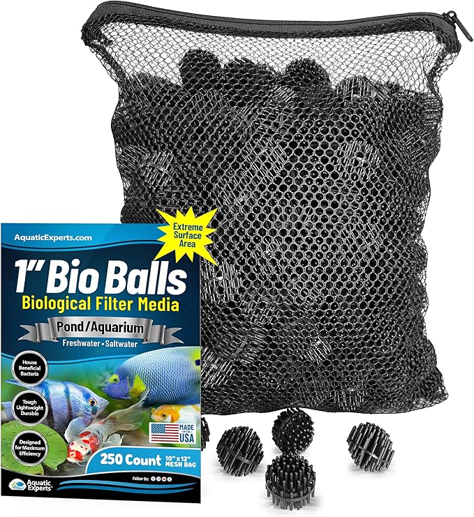 Aquatic Experts 1" Small Bio Balls for Aquariums & Small Ponds – Biological Filter Media for Canister Filters, Sumps & Wet/Dry Systems, Made in USA (250 Count + 10" x 12" Mesh Bag)