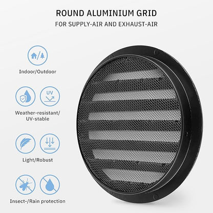 calimaero® WSGB 6" Inch Black Round Metal Air Vent Grill Cover Flat Louver with Fly Screen Fits Only with Metal Ducts