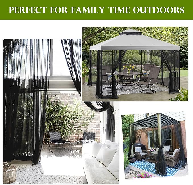 RYB HOME 2 Panels Porch Screen Mesh Outdoor Curtains Lightweight Mosquito Netting for Patio Gazebo Pool Hut Bug Netting Size Adjustable, Black, 118 inches Wide x 120 inches Long