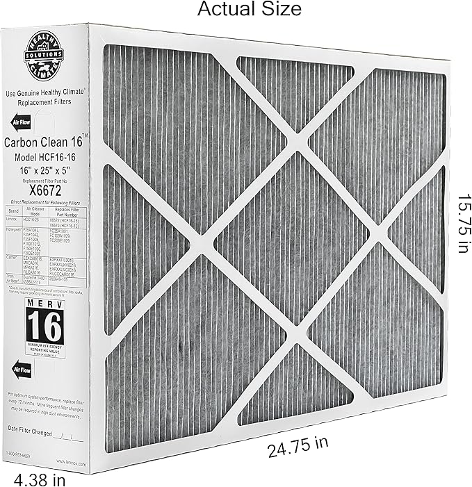 Lennox Healthy Climate Lennox X6672 16x25x5 Healthy Climate Carbon-Clean MERV 16 Filter Bundle with Same Day Supply Filter Change Reminder