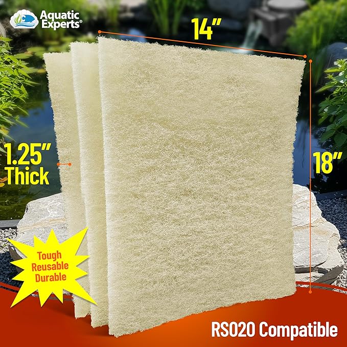 Aquatic Experts Beige COARSE Pond Filter Pad - 1.25 inch Thick - Compatible with Savio Standard Skimmerfilter RS020 Filter Media Pad - Made in USA (14" x 18" - 3 Pack)