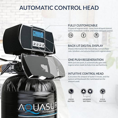 Aquasure Harmony Series 32,000 Grains Whole House Water Softener Bundle with Automatic Digital Metered Control Head and Triple Purpose Sediment/GAC/Zinc Pre-Filters, Reduces Hardness (1-2 bathrooms)