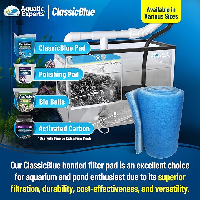 Aquatic Experts Classic Bonded Aquarium Filter Pad -18 Inches by 12 Feet by .75 Inch - Blue and White Aquarium Filter Media Roll Bulk Can Be Cut to Fit Most Filters, Made in USA (18" x 12 Feet)