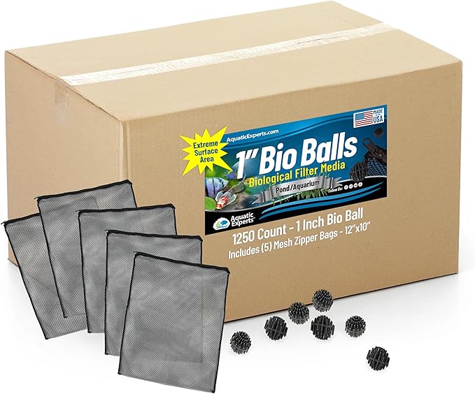 Aquatic Experts 1" Small Bio Balls for Aquariums & Small Ponds – Biological Filter Media for Canister Filters, Sumps & Wet/Dry Systems, Made in USA (1250 Count + Five 10" x 12" Mesh Bags)
