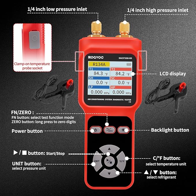 Digital Manifold Pressure Tester Gauge for HVAC, 2-Way AC Pressure Gauges with 2 Thermometer Clamps and 2 Hoses for Air Conditioner Performance Testing