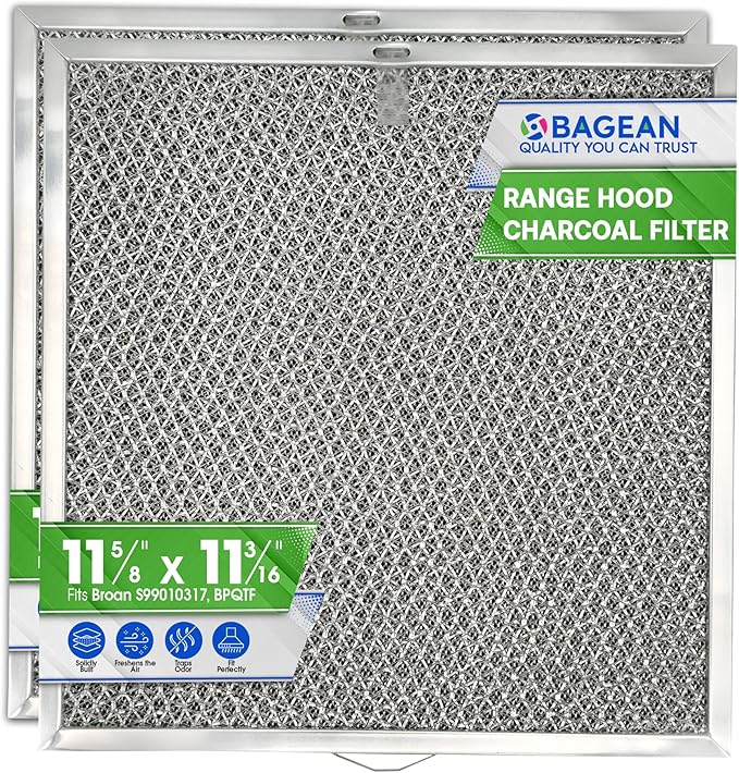 Stove Hood Vent Filter 11.6” x 11.2” BPQTF S99010317 Compatible with Broan Range Hood Filter Replacement for Ductless Overhead - Metal Mesh Filters Grease and Carbon Freshens Kitchen Oven Air (2-Pk)