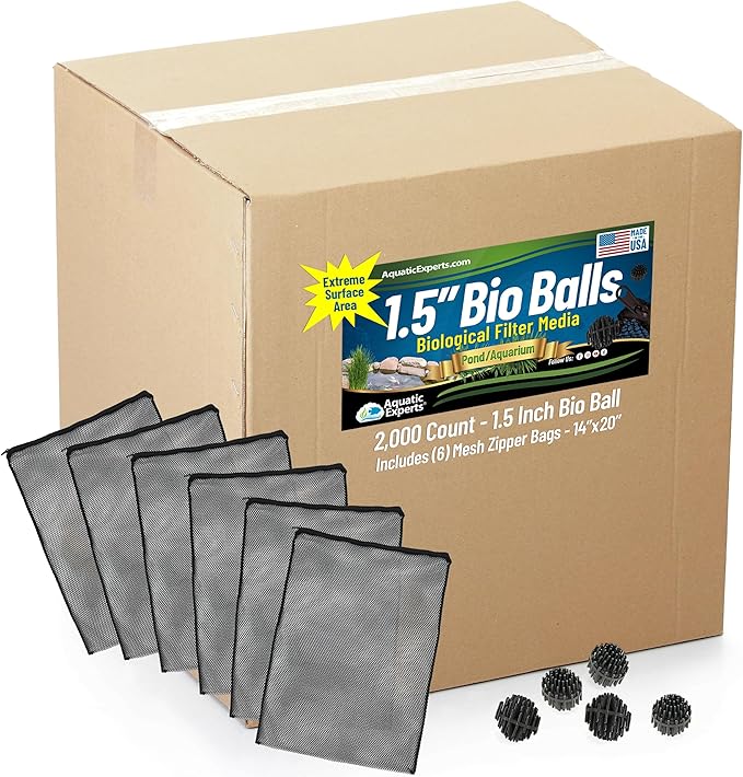 Aquatic Experts 1.5" Large Bio Balls for Ponds – Biological Filter Media for Waterfalls & Outdoor Pond Filters, Treats Up to 6,600 Gallons (2000 Count Bulk Box + Six 14" x 20" Mesh Bags)