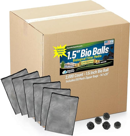 Aquatic Experts 1.5" Large Bio Balls for Ponds – Biological Filter Media for Waterfalls & Outdoor Pond Filters, Treats Up to 6,600 Gallons (2000 Count Bulk Box + Six 14" x 20" Mesh Bags)