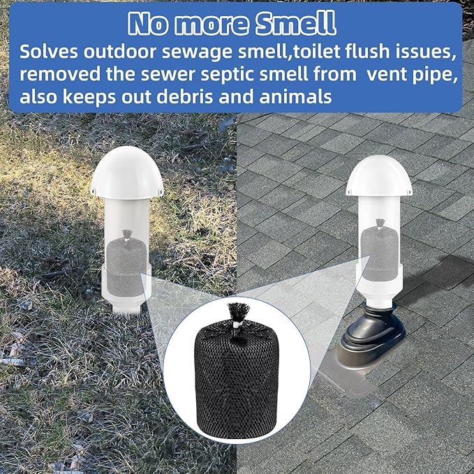 1.5 Inch Vent Stack Pipe Filter,Septic Tank Filter Vent Sewer Vents Cap for PVC Roof ABS Pipe Plumbing,Roof Vents Filters Remove Outdoor Septic and Sewer Odors&Improve Yard Patio Air,with Mushroom Cap