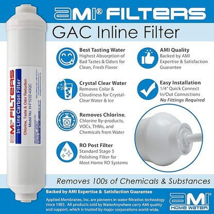 Inline Carbon Water Filter | 10" Length | 1/4" Quick Connect In/Out (1/4" QC) | For Chlorine Taste & Odor or Post Filter for Home RO | RO Stage 5 Polishing Filter