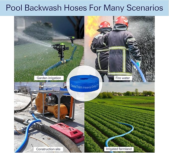 2" x 100FT Pool Backwash Hose, Heavy-Duty Pool Hose, Lay Flat Discharge Hose, Durable Burst Resistant, Pool Filter Pump Water Drainage, Sump Pump Discharge, with 2 Clamps