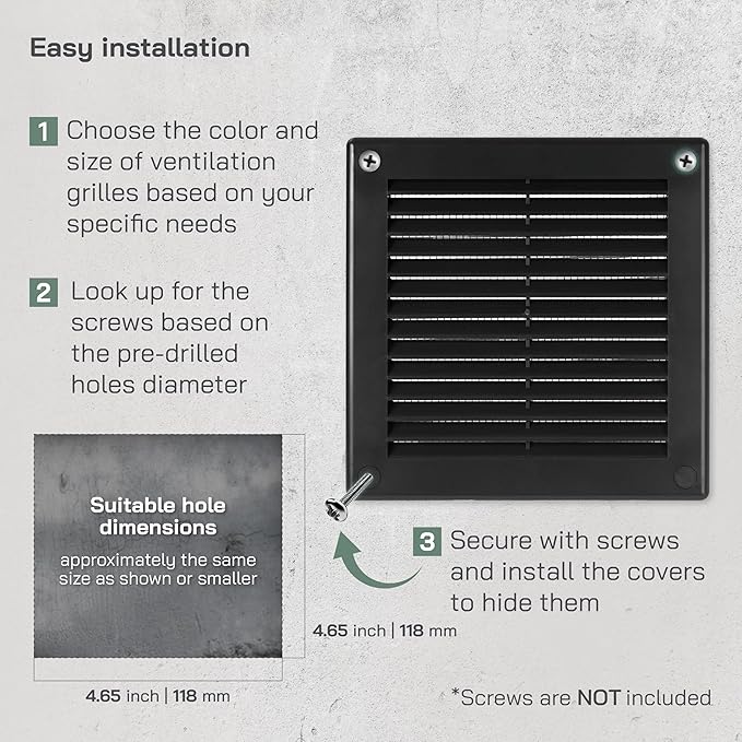 Vent Systems 4.5" x 4.5" Inch (Opening Dimensions) - Pack of 5 - Plastic Black Soffit Vent Cover - Flat Square Air Vent Grille - Air Vent Deflector - HVAC 5.9" x 5.9" Inch (Overall Dimensions)