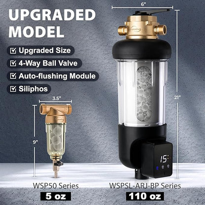 iSpring WSP50SL-ARJ-BP, NSF Certified, Whole House Spin Down Sediment Water Filter, 4 Modes Bypass, Includes Siliphos Helps Prevent Scale, Clear Housing, Jumbo Size, Touch-Screen Auto Flushing