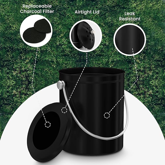 Utopia Kitchen Compost Bin for Kitchen Countertop, 1.3 Gallon Compost Bucket for Kitchen with Lid, Includes 1 Spare Charcoal Filter (Black)