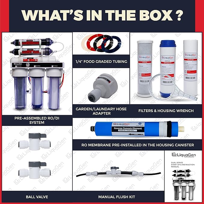 LiquaGen Portable - 6 Stage Dual Use (Drinking & 0 PPM Aquarium Reef/Deionization) Reverse Osmosis Water System (RO/DI) w/pH Alkaline Mineral Restoration Filter (75 GPD)