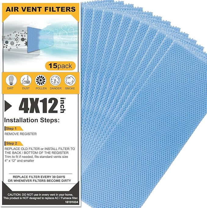 GCGOODS Reusable & Washable Air Vent Filters, 3 Layers for Indoor Grille Filtration, Reduce Dander, Dirt, Dust and Pollen, Floor Vent Filters, 15 Pcs 4" x 12", Blue