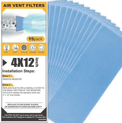 GCGOODS Reusable & Washable Air Vent Filters, 3 Layers for Indoor Grille Filtration, Reduce Dander, Dirt, Dust and Pollen, Floor Vent Filters, 15 Pcs 4" x 12", Blue