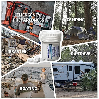 Aquatabs Water Purification Tablets (397mg, 100 Pack). Water Filtration System for Camping, Boating, Emergency Water, Survival Kit, and Marine. Easy-to-Use Water Purifier Treatment.