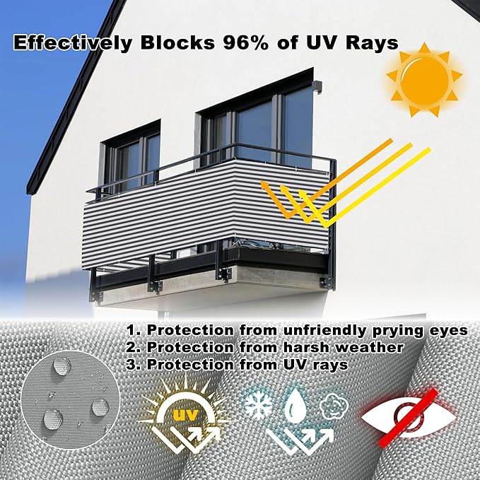 Privacy Fence 3' x 23' Privacy Protection Weatherproof Outdoor Privacy Screens, Includes Cable Ties for Deck, Patio, Backyard, Outdoor Pool, Porch, Railing, Gray Stripes