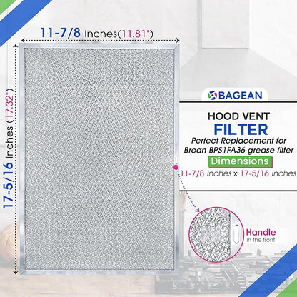 Bagean Stove Hood Vent Filter 11.81"x17.32" BPS1FA36 Compatible with Broan Range Hood Filter Replacement - Fit's Allure Range Overhead Aluminum Screen - Blocks Grease & Filters Over Oven Air (2-Pack)