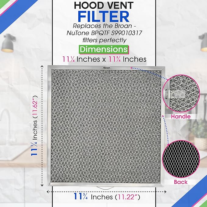 Stove Hood Vent Filter 11.6” x 11.2” BPQTF S99010317 Compatible with Broan Range Hood Filter Replacement for Ductless Overhead - Metal Mesh Filters Grease and Carbon Freshens Kitchen Oven Air (2-Pk)