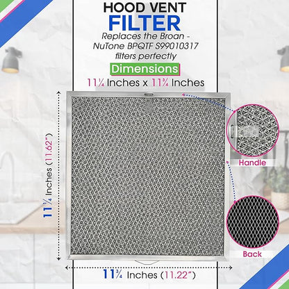 Stove Hood Vent Filter 11.6” x 11.2” BPQTF S99010317 Compatible with Broan Range Hood Filter Replacement for Ductless Overhead - Metal Mesh Filters Grease and Carbon Freshens Kitchen Oven Air (2-Pk)
