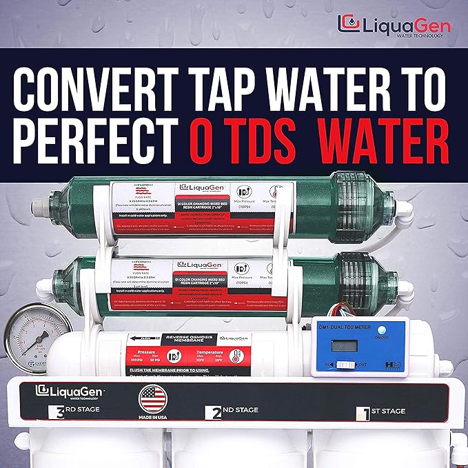 LiquaGen - 6 Stage Reverse Osmosis + Deionization Water Filtration System- 100 GPD w/Pressure Gauge & TDS Meter | Under Sink Water Filter Machine for Aquarium Water Purification