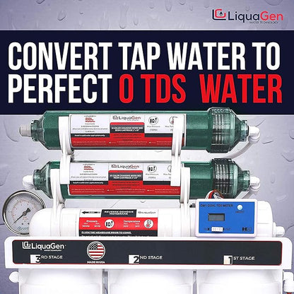 LiquaGen - 6 Stage Reverse Osmosis + Deionization Water Filtration System- 100 GPD w/Pressure Gauge & TDS Meter | Under Sink Water Filter Machine for Aquarium Water Purification