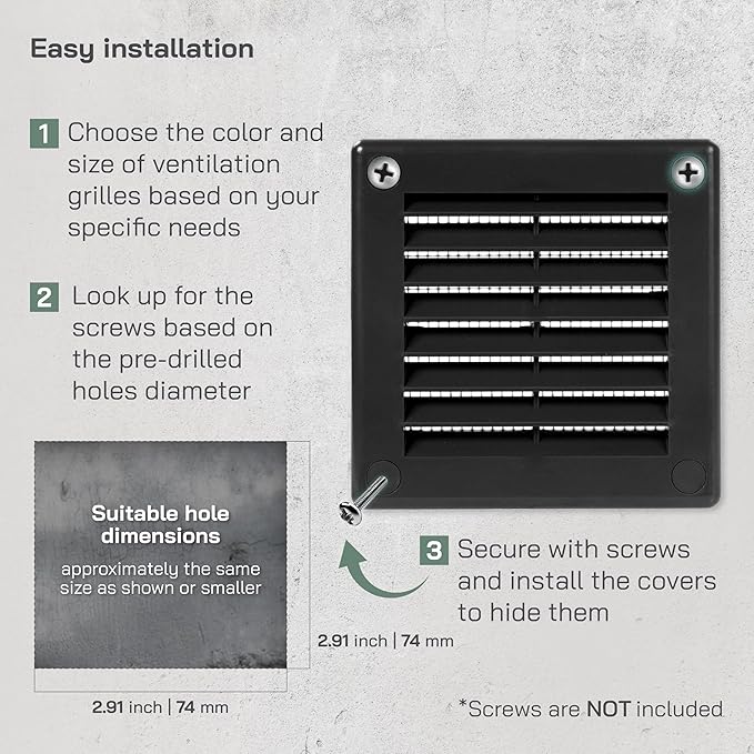 Vent Systems 3" x 3" Inch (Opening Dimensions) - Pack of 5 - Plastic Black Soffit Vent Cover - Flat Square Air Vent Grille - Air Vent Deflector - HVAC 4" x 4" Inch (Overall Dimensions)