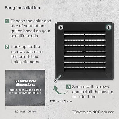 Vent Systems 4'' x 4'' Inch Black Soffit Vent Cover - Pack of 100 - Flat Square Air Vent Louver - Grille Cover - Built-in Insect Screen - HVAC Vents for Bathroom, Home Office, Kitchen 4x4 Inch