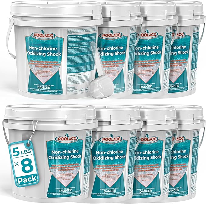 Non-Chlorine Spa Shock for Hot Tub, Chlorine-Free Shock Treatment for Hot Tubs, Spas and Swimming Pools, Quick Dissolving, Fast Acting Oxidizing Shock for Crystal Clear Water- 5lbs*8 Packs