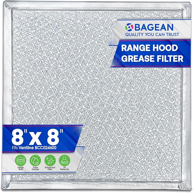 Bagean Stove Vent Filter 8x8 inch BCC024600 Compatible with Ventline Range Hood Filter Replacement for Kitchen Exhaust Fan - Aluminum Screen Blocks Grease & Filters Over Oven Air (1-Pack)