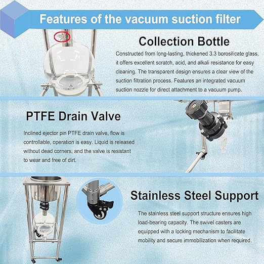 10L Vacuum Filtration System, Negative Pressure Suction Filter with Stainless Steel Buchner Funnel & Glass Filter Flask, Discharge Valve & Brake Casters, for Lab Chemical Industrial Use