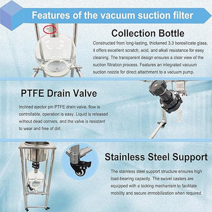 10L Vacuum Filtration System, Negative Pressure Suction Filter with Stainless Steel Buchner Funnel & Glass Filter Flask, Discharge Valve & Brake Casters, for Lab Chemical Industrial Use